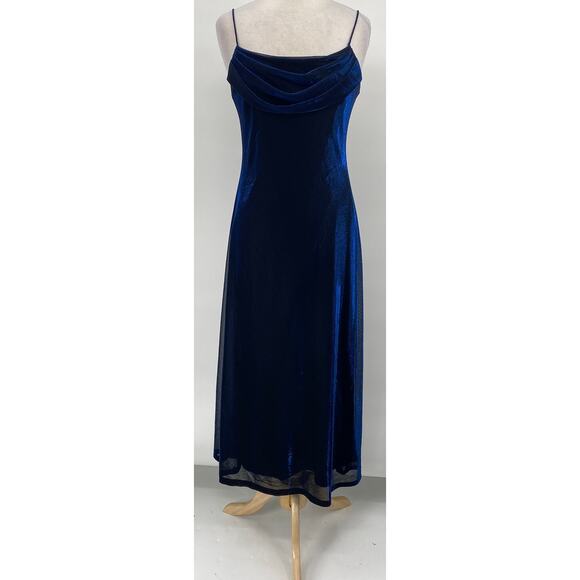 Vintage 90s Metallic Mesh Maxi Gown Cowl Neck Slip Dress Blue Womens 8 Petite - Picture 2 of 10